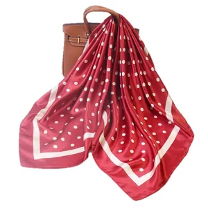 90cm wine red polka dot imitation silk square scarf, elegant satin neckerchief for women.