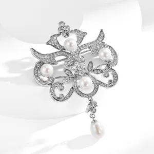 European luxury palace style freshwater pearl brooch with dazzling rhinestones and elegant tassel.