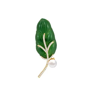 Chinese style golden branch and jade leaf pearl brooch elegant coat accessories