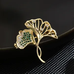 Elegant Ginkgo Leaf Brooch Copper Zircon Pin Fashion Jewelry For Women Suit Coat Accessories Corset Pin