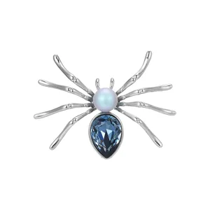 Eleganter Silber Kristall Spinnen Brosche mit blauem Kristall und Perle fuer Damen.