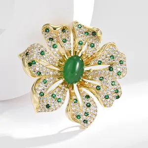 Elegant gold plated flower brooch with green agate and cubic zirconia for women coat decor