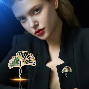 Elegant double ginkgo leaf emerald zircon brooch, stylish suit lapel pin for women.
