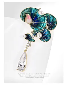 Chinese style lotus enamel brooch with pearls and crystal pendant for elegant women outfits.