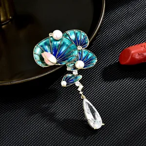 Vintage Chinese Style Enamel Lotus Brooch For Women High-End Gold Plated Copper Zirconia Freshwater Pearl Suit Coat Pin