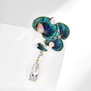 Elegant Chinese style enamel lotus brooch with pearls and crystal drop for women suit