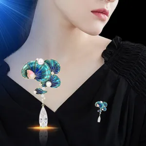 Elegant enamel lotus brooch for women, Chinese style pearl crystal coat suit pin accessory