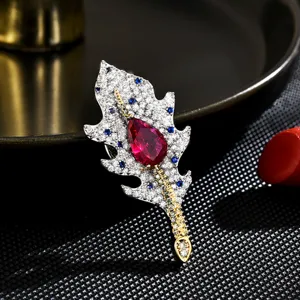 Vintage High End Ruby Crystal Feather Brooch Alloy Rhinestone Magnetic Buckle Women Clothing Accessories