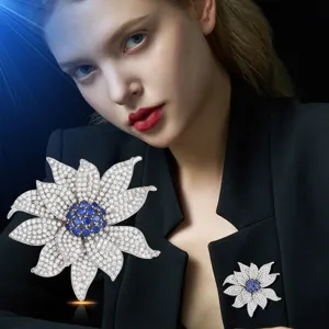 Elegant sunflower brooch featuring sparkling crystals and blue stones for women suit jacket.