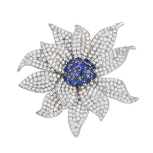 Elegant sunflower brooch main view, sparkling crystal paved flower lapel pin for women.
