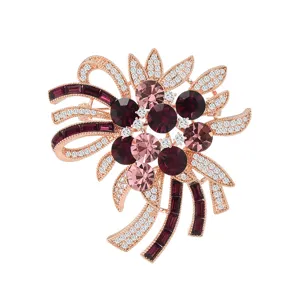 Elegant rose gold plated crystal flower brooch pin for women, classic coat corsage accessory
