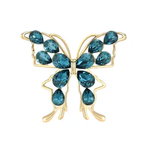 Elegant blue crystal butterfly brooch pin for women luxury gold tone fashion jewelry accessory
