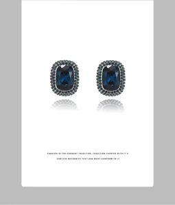 Vintage geometric square dark blue crystal earrings with sparkling zircon halo and silver pins.