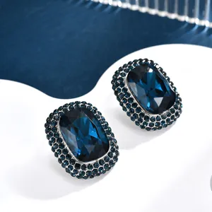 Vintage geometric square stud earrings with dark blue zircon and pave crystals for women.