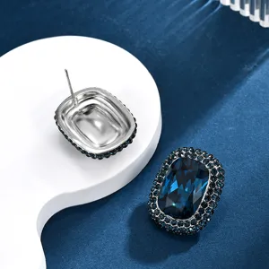Elegant square crystal stud earrings with paved blue zircon and silver post for women.