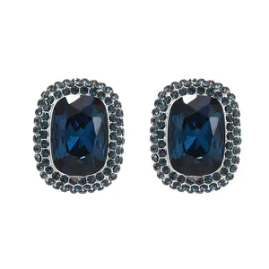 Vintage dark blue crystal stud earrings with rhinestone halo, elegant silver party jewelry