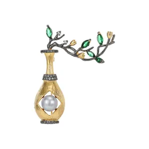 Vintage Chinese style vase pearl brooch two-tone gold flower pin elegant fashion gift