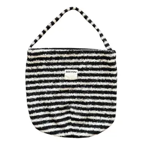 Retro black and white striped plush shoulder tote bag casual fuzzy underarm purse