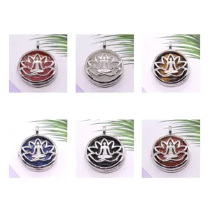 Alloy hollow lotus locket pendant with natural stone crystal agate charm necklace variants.