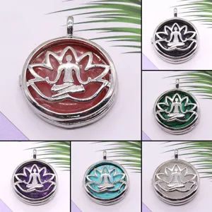 European American Hot Selling Alloy Hollow Lotus Pendant Inlaid Natural Stone Crystal Agate Locket Necklace