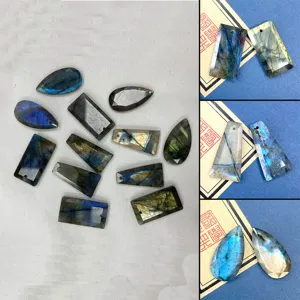 Pendentif en Pierre de Labradorite Naturelle Goutte Trapèze Rectangle Facetté Charme pour Fabrication de Bijoux DIY Collier