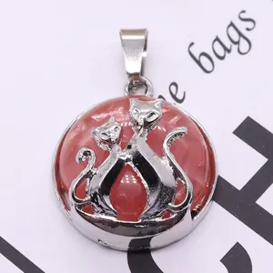 Natuursteen Kristal Agaat Dubbele Kat Hanger Legering Rode Steen Ketting Sieraden Accessoire