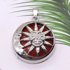 Ethnic style sun and moon pendant with natural red gemstone inlay, silver alloy DIY jewelry.