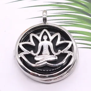 Alloy hollow lotus pendant locket necklace with meditating figure and natural stone inlay.