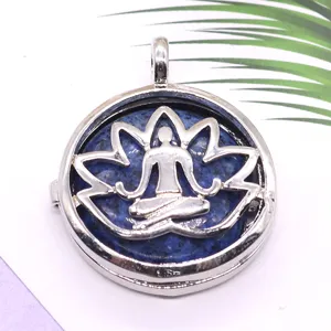 European alloy hollow lotus locket pendant necklace with natural blue stone for women