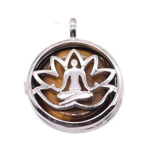 Exquisite alloy hollow lotus yoga meditating figure pendant natural stone locket necklace jewelry