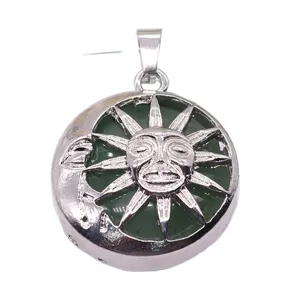 Natural stone alloy sun and moon pendant, green semi-precious stone inlay DIY jewelry accessory.