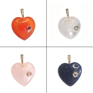 Natural Stone Heart Pendant With Zirconia Inlaid Red Agate Blue Sandstone DIY Fashion Necklace Jewelry