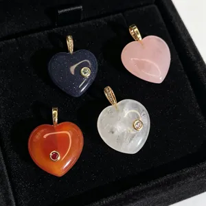 Natural stone heart-shaped pendant set with zircon, cute love diamond buckle DIY necklace jewelry.