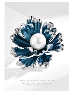 Elegant vintage enamel peony flower brooch with central white pearl for women's daily wear.