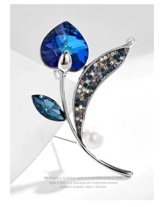 Austrian Blue Heart Tulip Brooch Elegant Crystal Flower Corsage Women Accessories