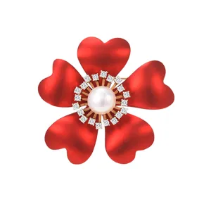Red heart flower brooch with pearl and crystals elegant fashion jewelry for women suit pin