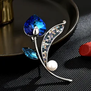French Vintage Blue Heart Tulip Brooch Elegant Zirconia Crystal Flower Brooches Pin Alloy Fashion Jewelry Gift For Women