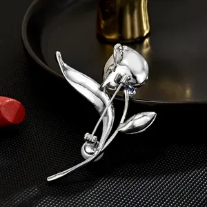Silver tulip heart brooch crystal flower pin elegant women jewelry accessory main view