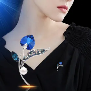 Elegant blue crystal heart tulip brooch for women fashion crystal corsage accessory