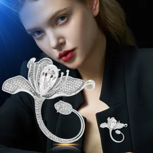 Designer full zircon lily brooch elegant crystal corsage high-end women clothing pin accessory