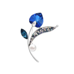 Exquisite blue heart tulip brooch elegant crystal floral corsage women jewelry accessory