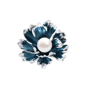 Elegant Chinese style blue enamel peony flower brooch with central pearl for women.