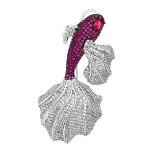 Luxury koi fish brooch featuring shimmering cubic zirconia crystals and vibrant red stones.