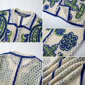 Primo piano di una polo da uomo in maglia traforata con ricami jacquard blu e verdi