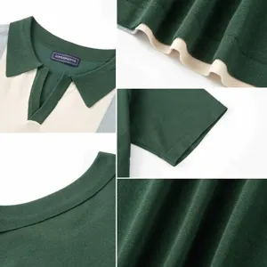 Detalles de polo de punto para hombre con diseño color block que muestra textura y costuras.
