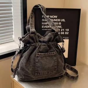 Sac Seau en Denim Lavé Vintage pour Femmes Sac à Bandoulière Grande Capacité Avec Poche Avant Sac à Main Décontracté Polyvalent