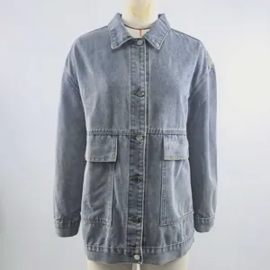 Front detail view of vintage loose denim jacket on mannequin stand