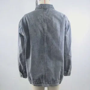 Detailed back view of a vintage-style oversized denim jacket in a light wash grey finish