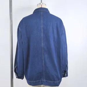 Back view of a classic blue loose-fit vintage denim jacket for women on a mannequin