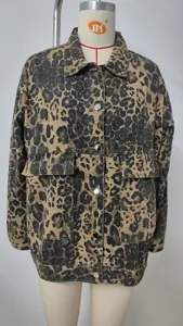 Detailed view of women's vintage leopard print loose denim jacket on mannequin display